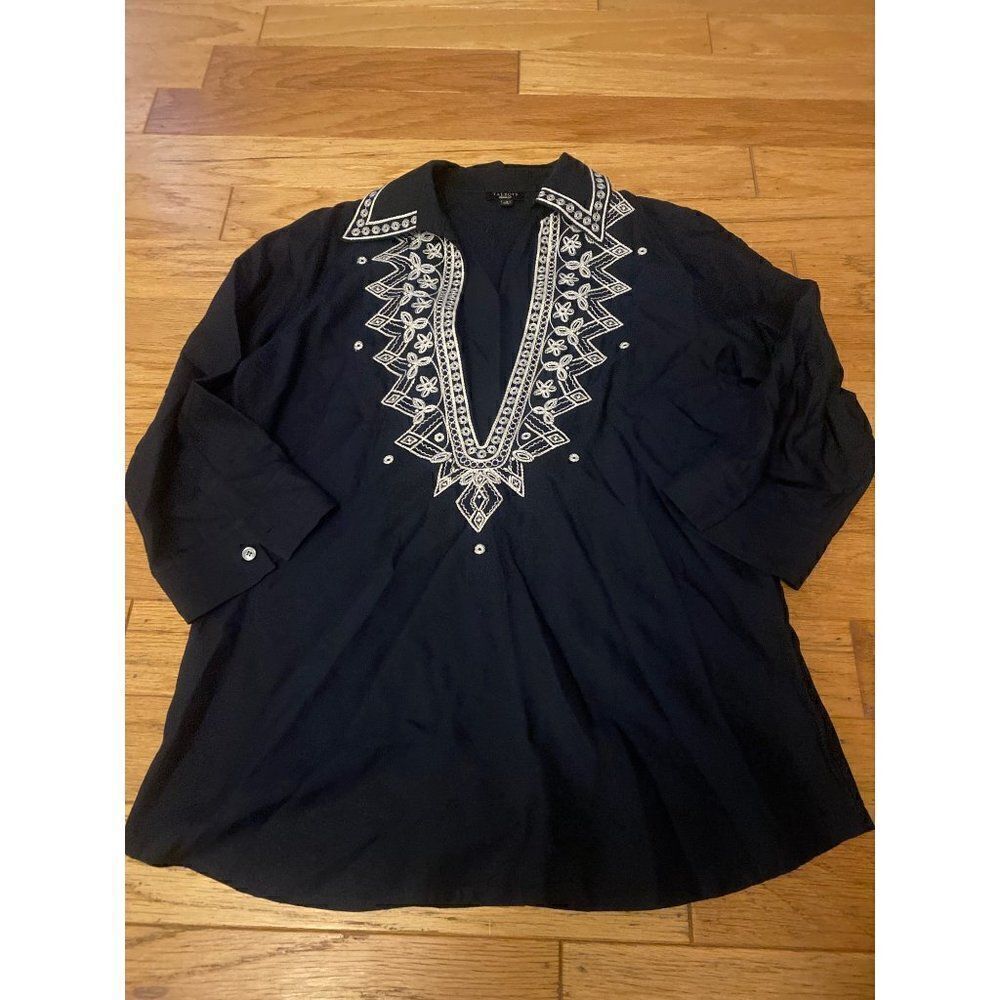 Talbots, women's black embroidered deep v - neck blouse size 8